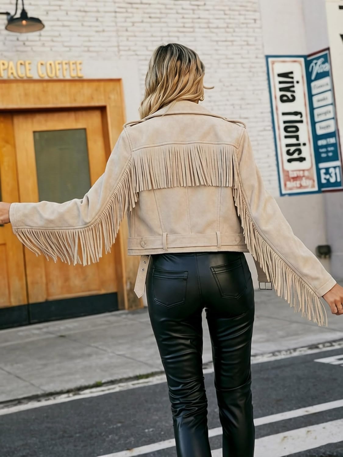 image:imageWomen Faux Leather Moto Jacket BeltedTassel Trim Fringe Vegan PLeather Short CoatZipper UpLapel CollarWestern Country ConcertsFall Spring FashionOff Whitesuede Fabric