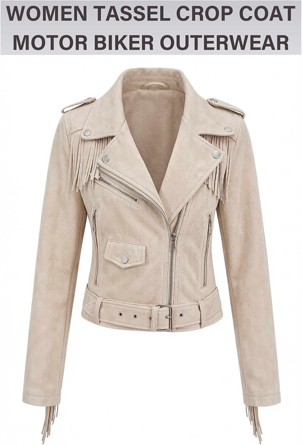 image:imageWomen Faux Leather Moto Jacket BeltedTassel Trim Fringe Vegan PLeather Short CoatZipper UpLapel CollarWestern Country ConcertsFall Spring FashionOff Whitesuede Fabric