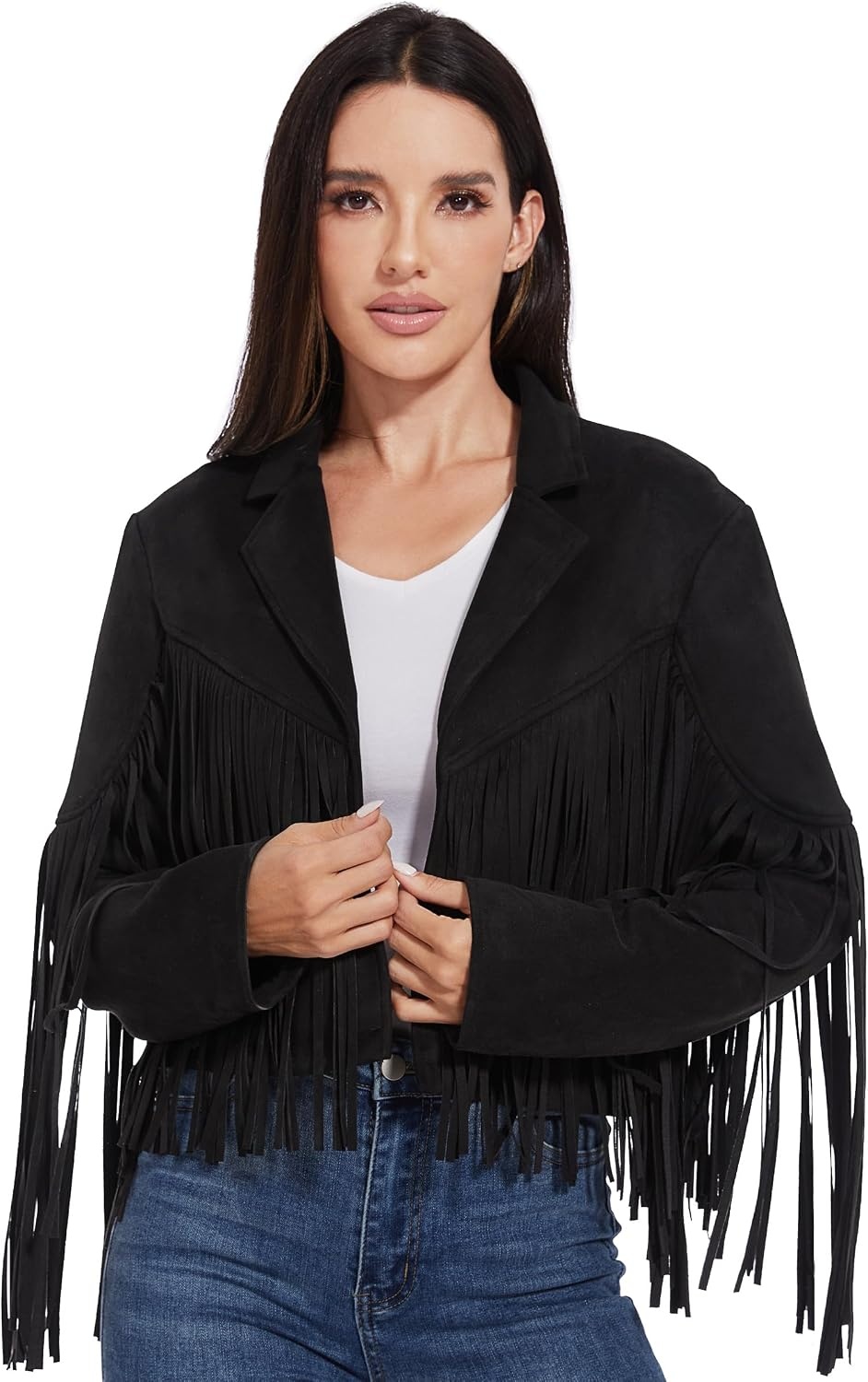 image:imageWomen Fringe Leather Jacket Faux Suede Cowgirl Outfits Boho Western Cropped Coat Country Concert WearBlack