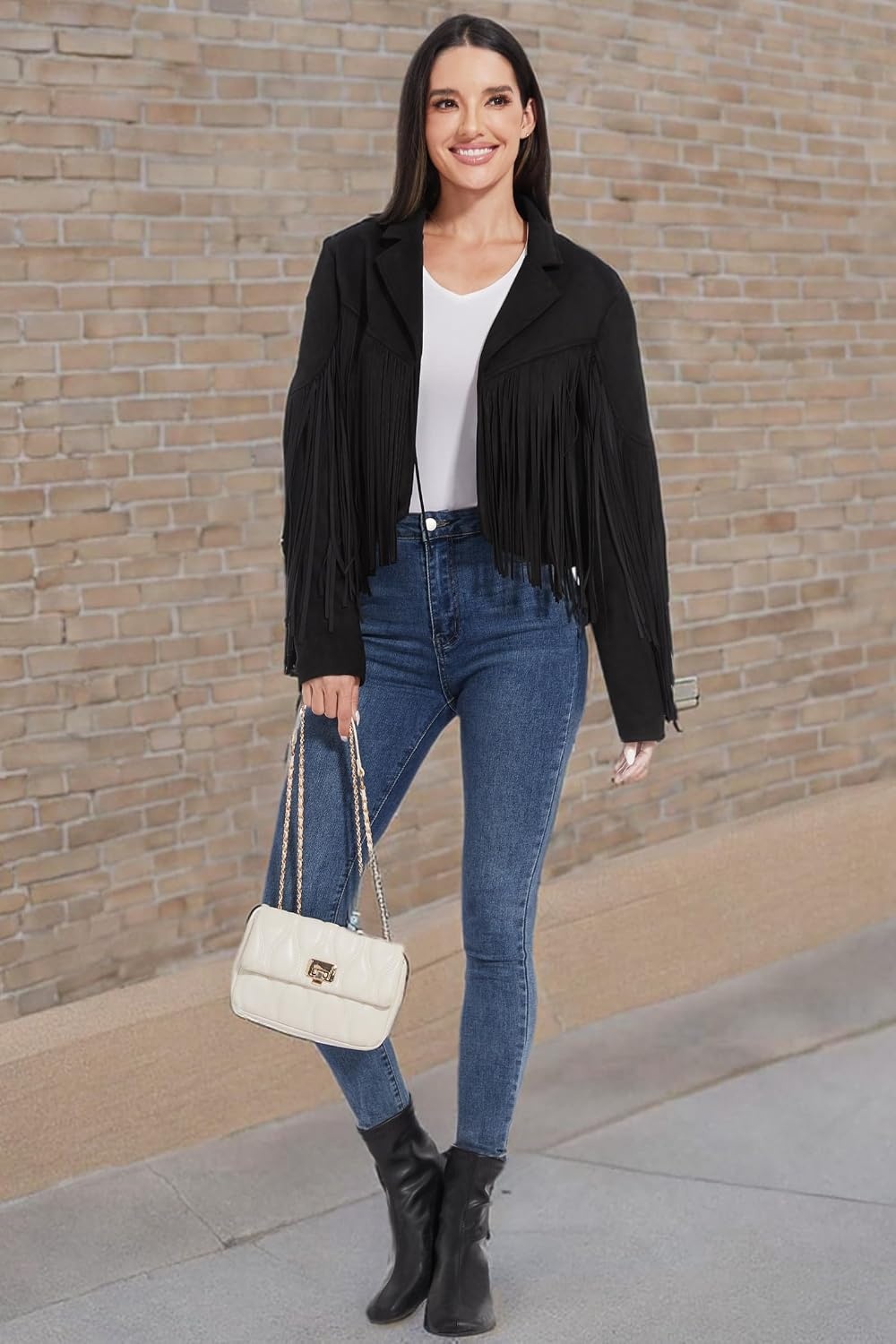 image:imageWomen Fringe Leather Jacket Faux Suede Cowgirl Outfits Boho Western Cropped Coat Country Concert WearBlack