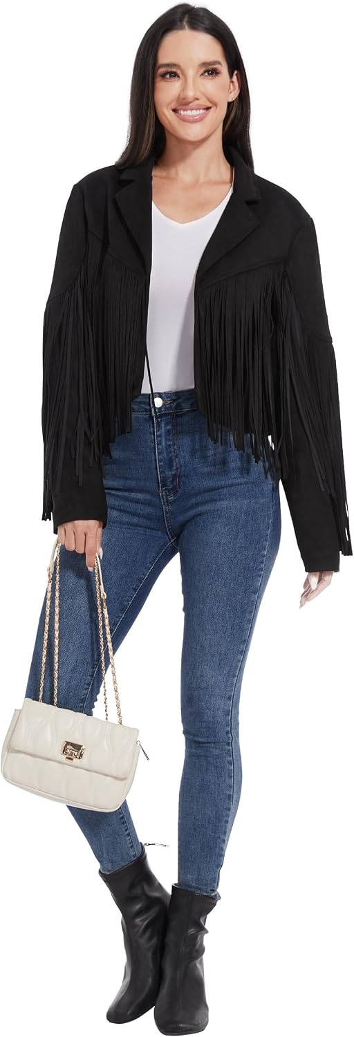 image:imageWomen Fringe Leather Jacket Faux Suede Cowgirl Outfits Boho Western Cropped Coat Country Concert WearBlack