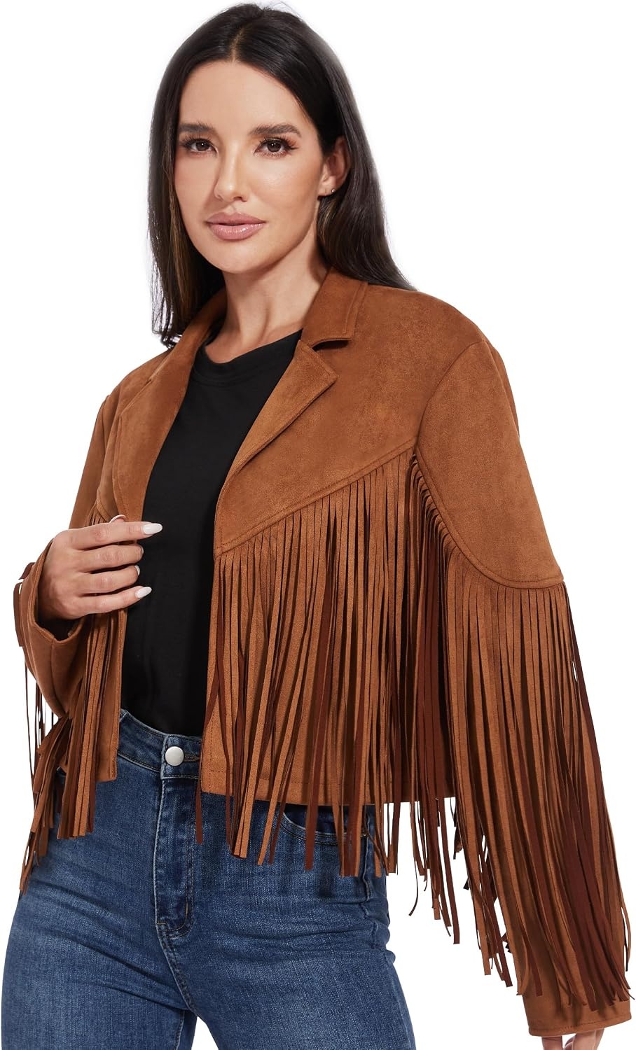 image:imageWomen Fringe Leather Jacket Faux Suede Cowgirl Outfits Boho Western Cropped Coat Country Concert WearBrown