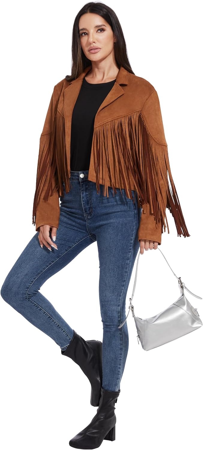 image:imageWomen Fringe Leather Jacket Faux Suede Cowgirl Outfits Boho Western Cropped Coat Country Concert WearBrown