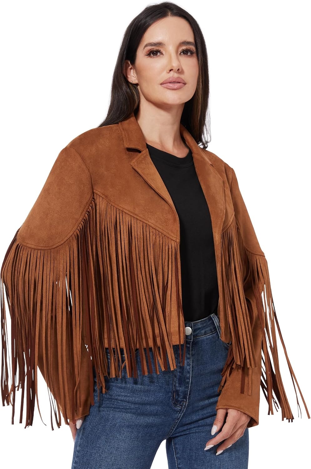 image:imageWomen Fringe Leather Jacket Faux Suede Cowgirl Outfits Boho Western Cropped Coat Country Concert WearBrown