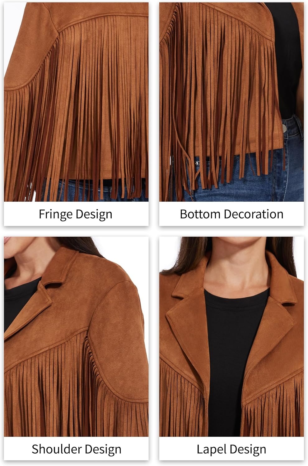 image:imageWomen Fringe Leather Jacket Faux Suede Cowgirl Outfits Boho Western Cropped Coat Country Concert WearBrown
