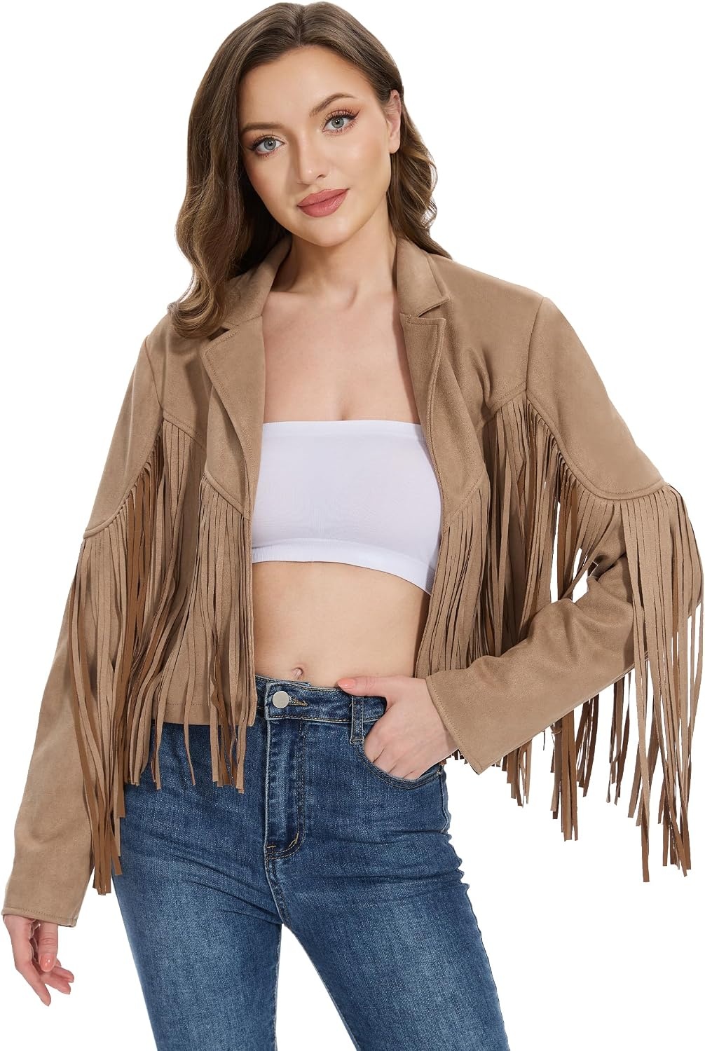 image:imageWomen Fringe Leather Jacket Faux Suede Cowgirl Outfits Boho Western Cropped Coat Country Concert WearCamel