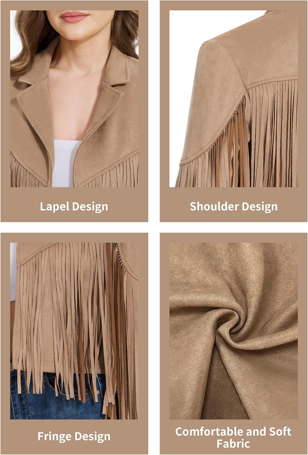 image:imageWomen Fringe Leather Jacket Faux Suede Cowgirl Outfits Boho Western Cropped Coat Country Concert WearCamel