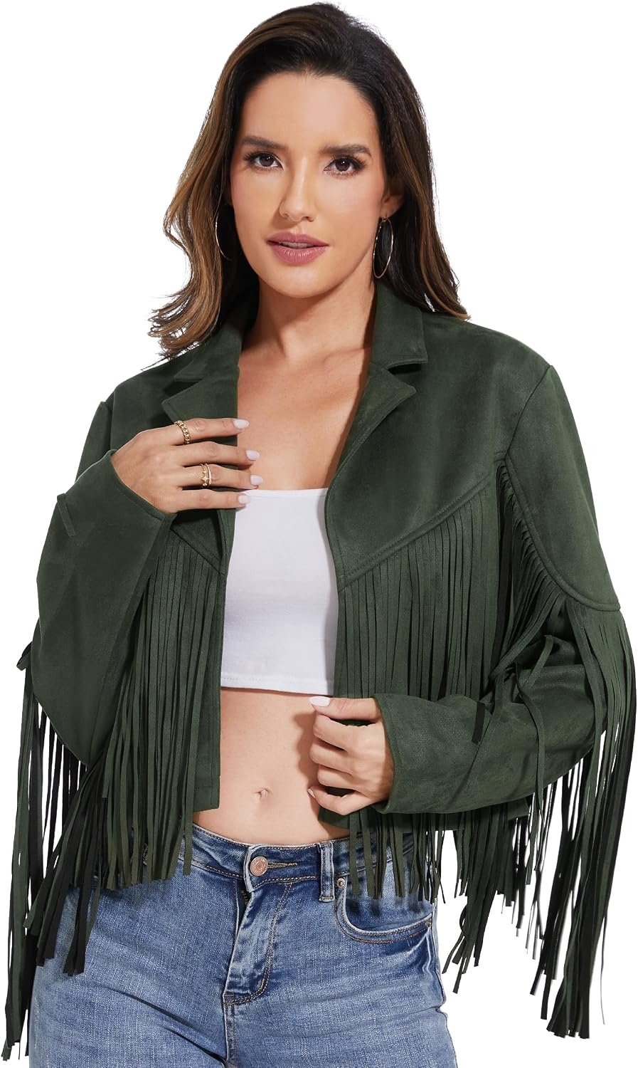 image:imageWomen Fringe Leather Jacket Faux Suede Cowgirl Outfits Boho Western Cropped Coat Country Concert WearGreen