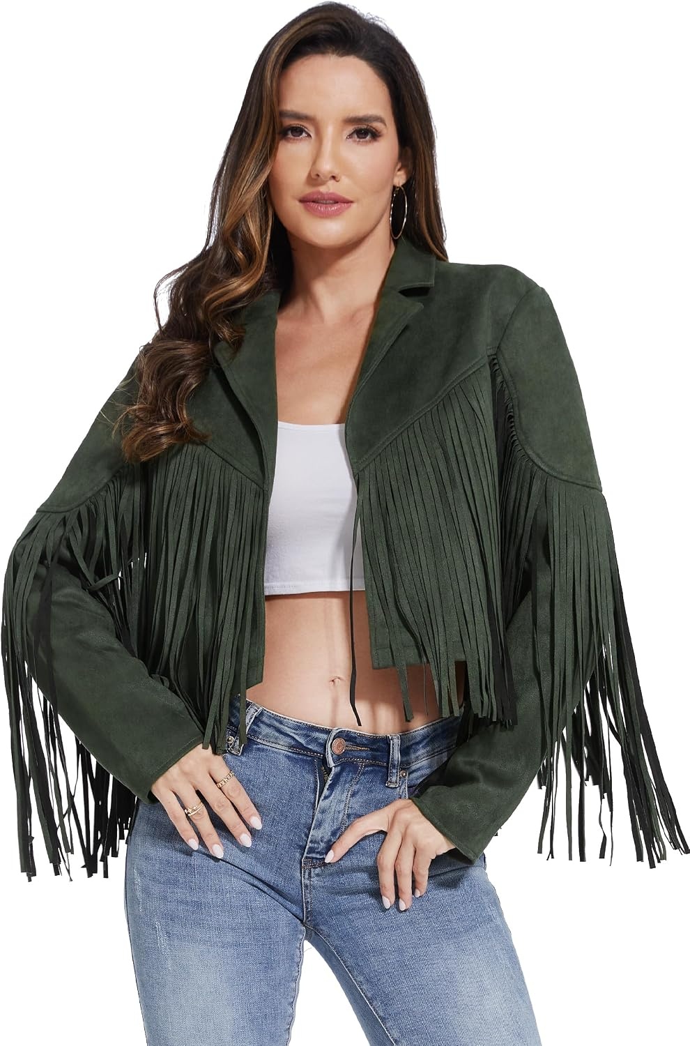 image:imageWomen Fringe Leather Jacket Faux Suede Cowgirl Outfits Boho Western Cropped Coat Country Concert WearGreen