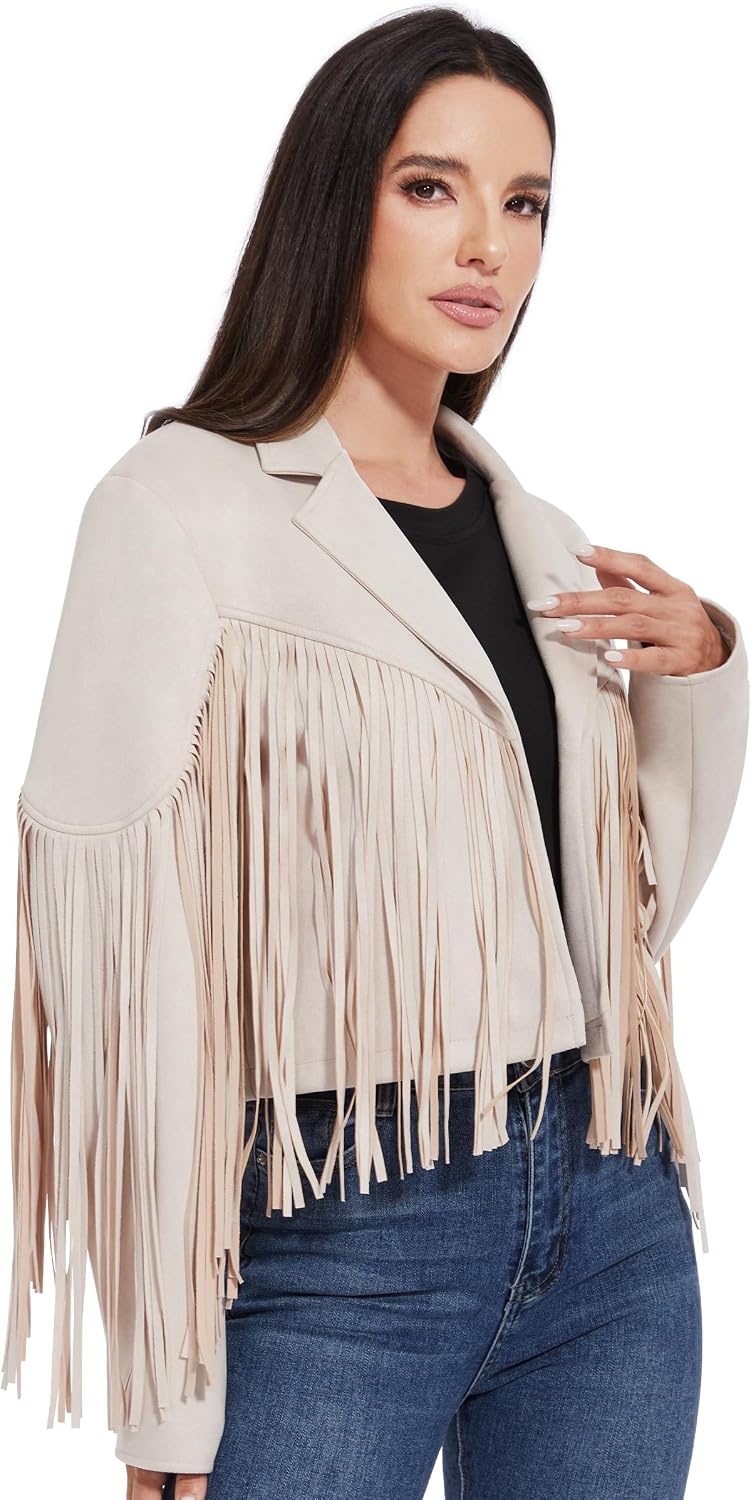 image:imageWomen Fringe Leather Jacket Faux Suede Cowgirl Outfits Boho Western Cropped Coat Country Concert WearWhite