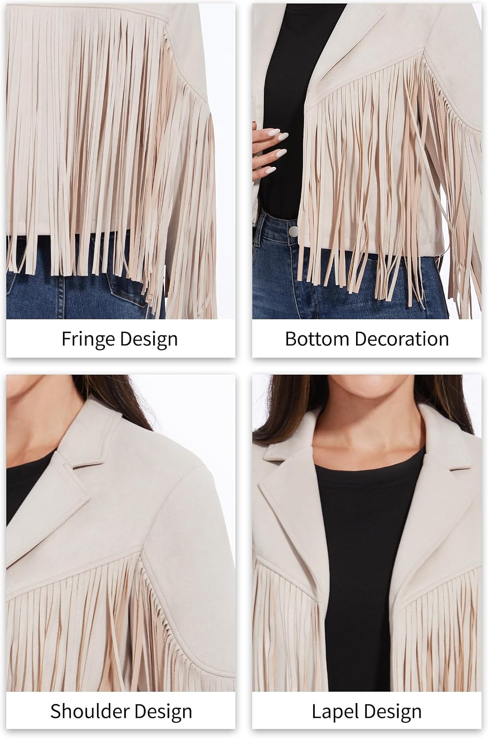 image:imageWomen Fringe Leather Jacket Faux Suede Cowgirl Outfits Boho Western Cropped Coat Country Concert WearWhite