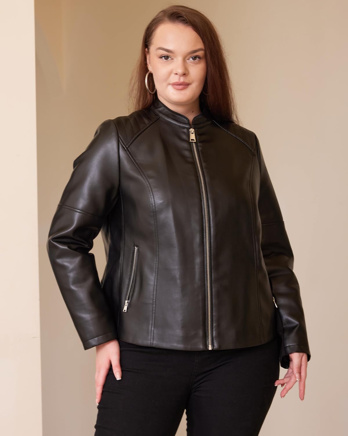 image:imageWomen Plus Size Faux Leather Jacket Oversized Motorcycle Biker Coat soft lightweight PU faux leatherstretch elastic roman sleevessnap lapelzipper pocketswindproof moto outerwearBlack 168