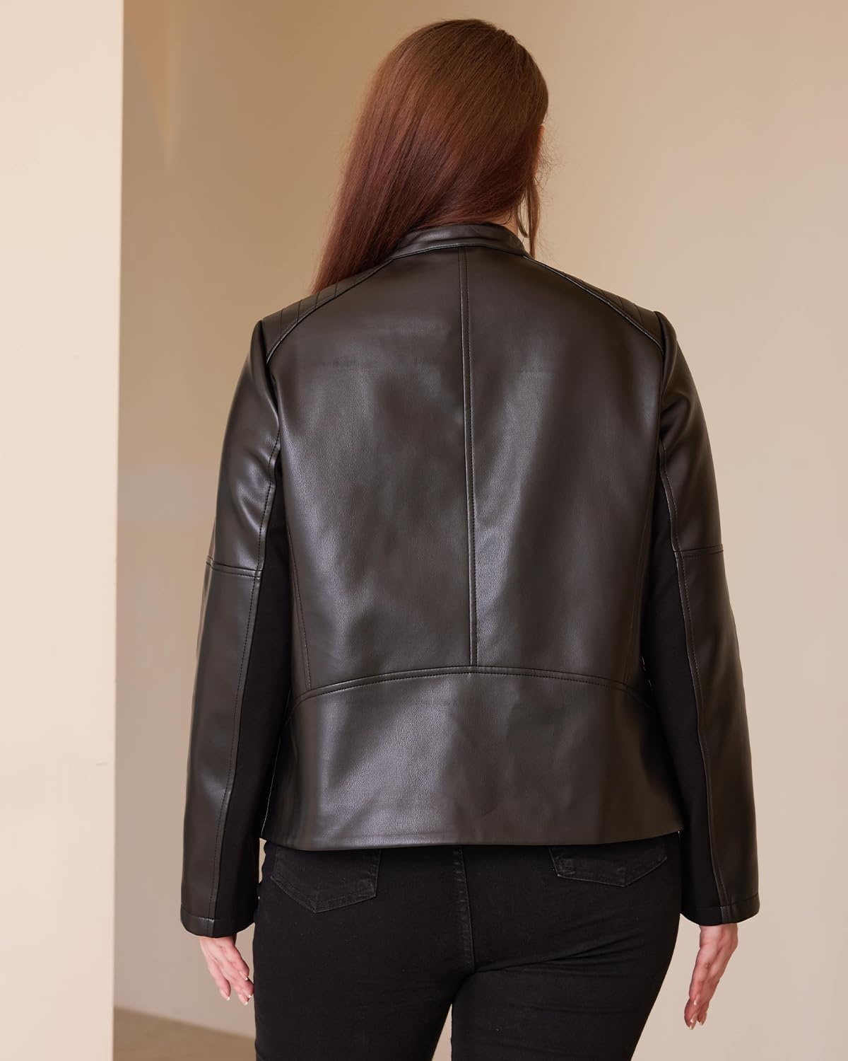 image:imageWomen Plus Size Faux Leather Jacket Oversized Motorcycle Biker Coat soft lightweight PU faux leatherstretch elastic roman sleevessnap lapelzipper pocketswindproof moto outerwearBlack 168