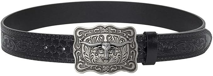 image:imageWomenWesternBelts Turquoise Oval Buckle CowboyLeatherBelt Dress Jeans western outfits belt faux leather floral embossed pattern adjustable fit belts for rodeos festivals country eventsBlack2