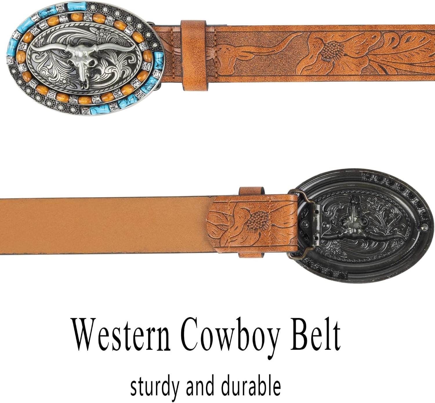 image:imageWomenWesternBelts Turquoise Oval Buckle CowboyLeatherBelt Dress Jeans western outfits belt faux leather floral embossed pattern adjustable fit belts for rodeos festivals country eventsBrown
