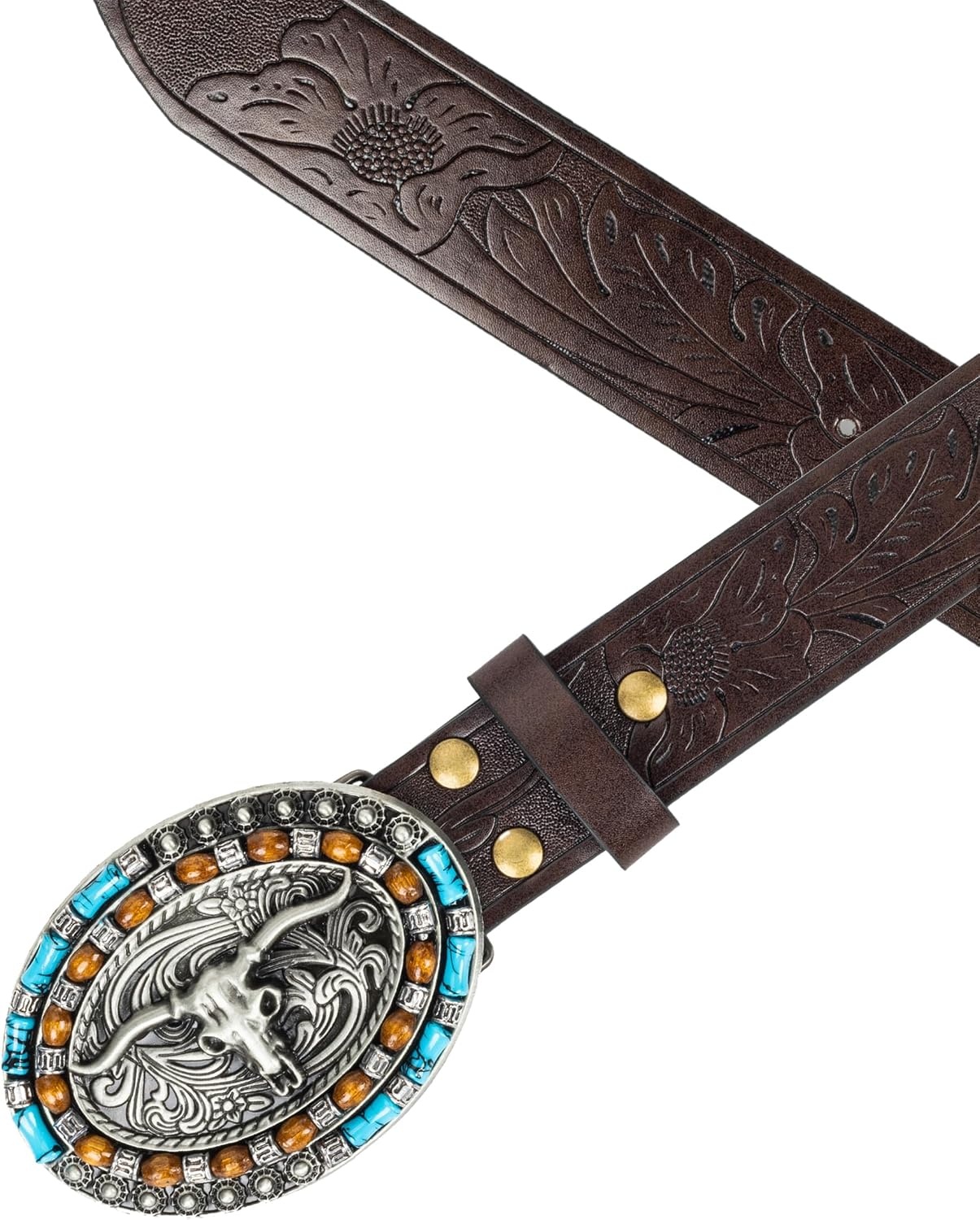 image:imageWomenWesternBelts Turquoise Oval Buckle CowboyLeatherBelt Dress Jeans western outfits belt faux leather floral embossed pattern adjustable fit belts for rodeos festivals country eventsCoffee