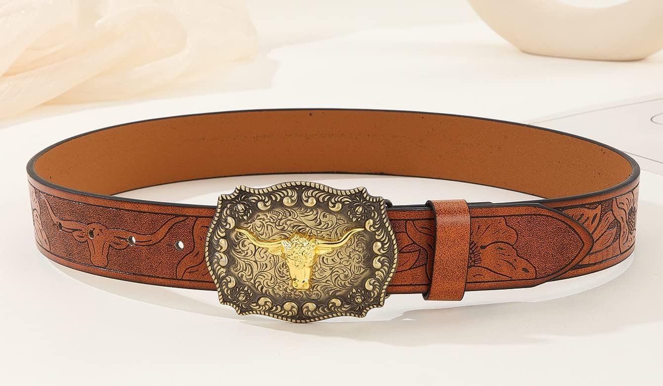 image:imageWomenWesternBelts Turquoise Oval Buckle CowboyLeatherBelt Dress Jeans western outfits belt faux leather floral embossed pattern adjustable fit belts for rodeos festivals country eventsBrown1