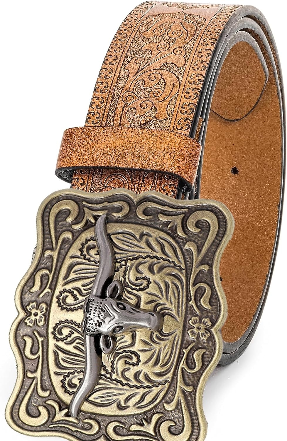 image:imageWomenWesternBelts Turquoise Oval Buckle CowboyLeatherBelt Dress Jeans western outfits belt faux leather floral embossed pattern adjustable fit belts for rodeos festivals country eventsBrown3