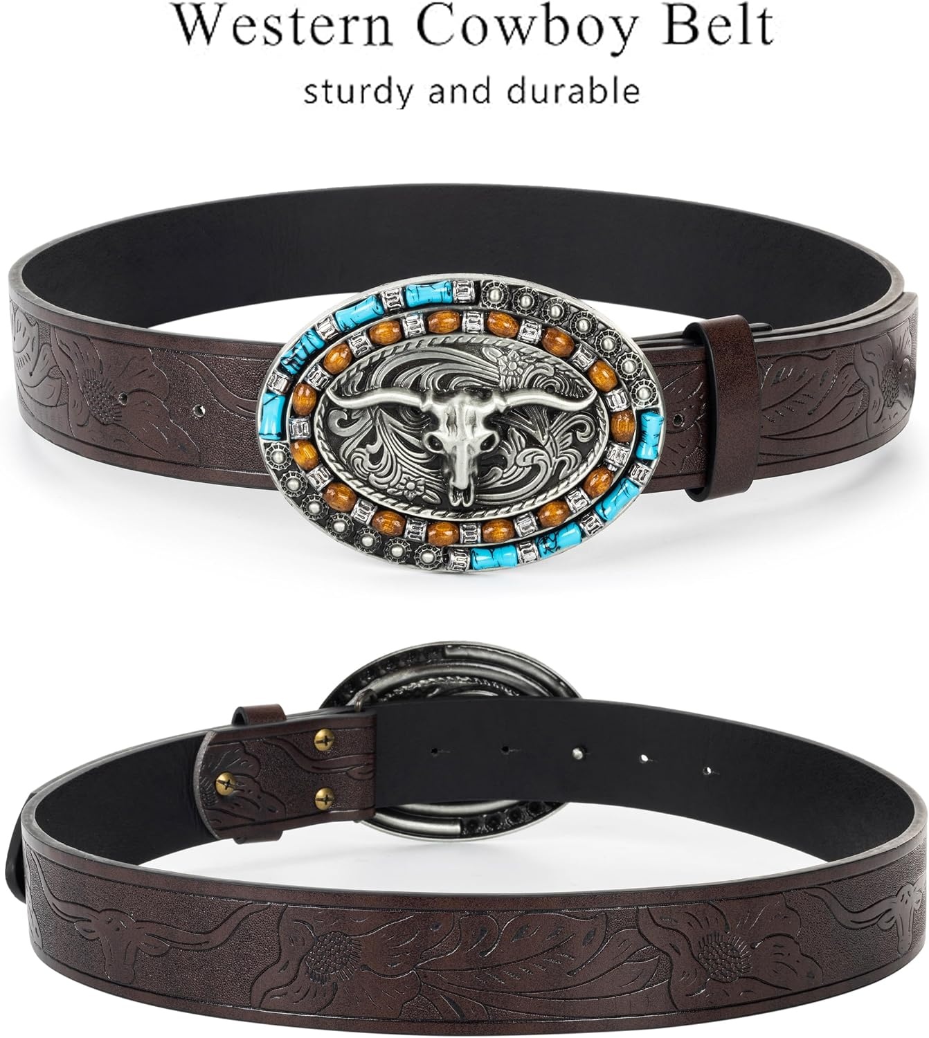 image:imageWomenWesternBelts Turquoise Oval Buckle CowboyLeatherBelt Dress Jeans western outfits belt faux leather floral embossed pattern adjustable fit belts for rodeos festivals country eventsCoffee