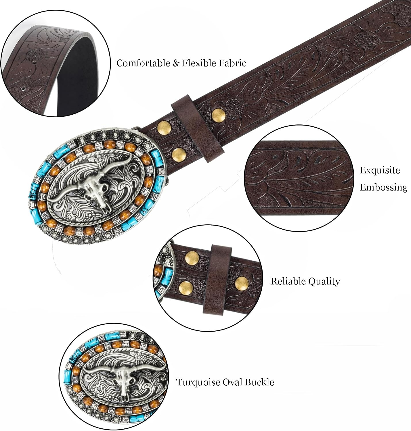 image:imageWomenWesternBelts Turquoise Oval Buckle CowboyLeatherBelt Dress Jeans western outfits belt faux leather floral embossed pattern adjustable fit belts for rodeos festivals country eventsCoffee