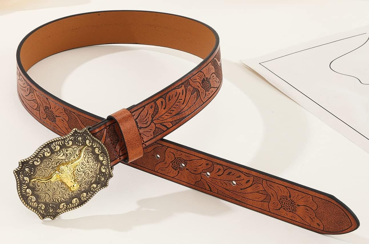 image:imageWomenWesternBelts Turquoise Oval Buckle CowboyLeatherBelt Dress Jeans western outfits belt faux leather floral embossed pattern adjustable fit belts for rodeos festivals country eventsBrown1