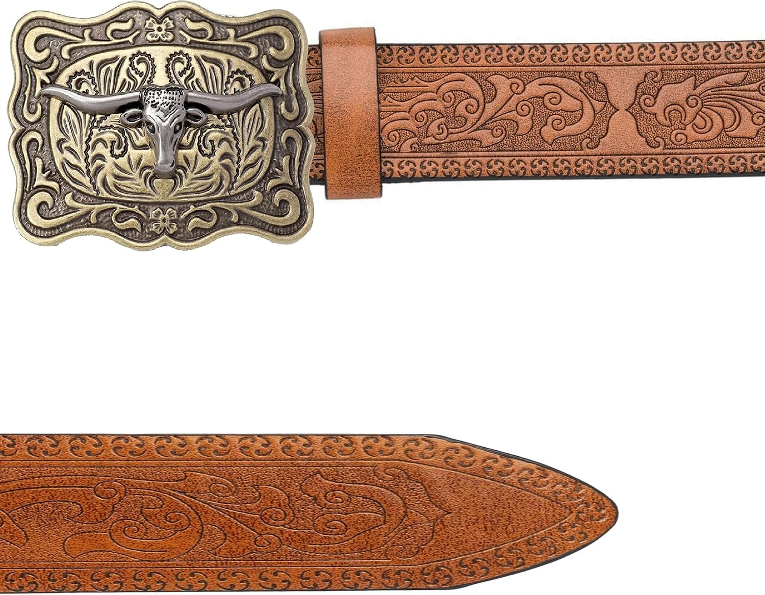 image:imageWomenWesternBelts Turquoise Oval Buckle CowboyLeatherBelt Dress Jeans western outfits belt faux leather floral embossed pattern adjustable fit belts for rodeos festivals country eventsBrown3