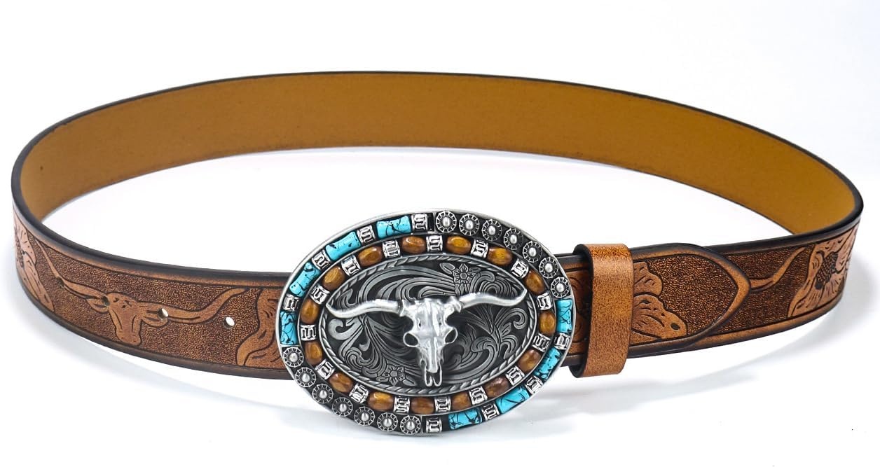 image:imageWomenWesternBelts Turquoise Oval Buckle CowboyLeatherBelt Dress Jeans western outfits belt faux leather floral embossed pattern adjustable fit belts for rodeos festivals country eventsBrown
