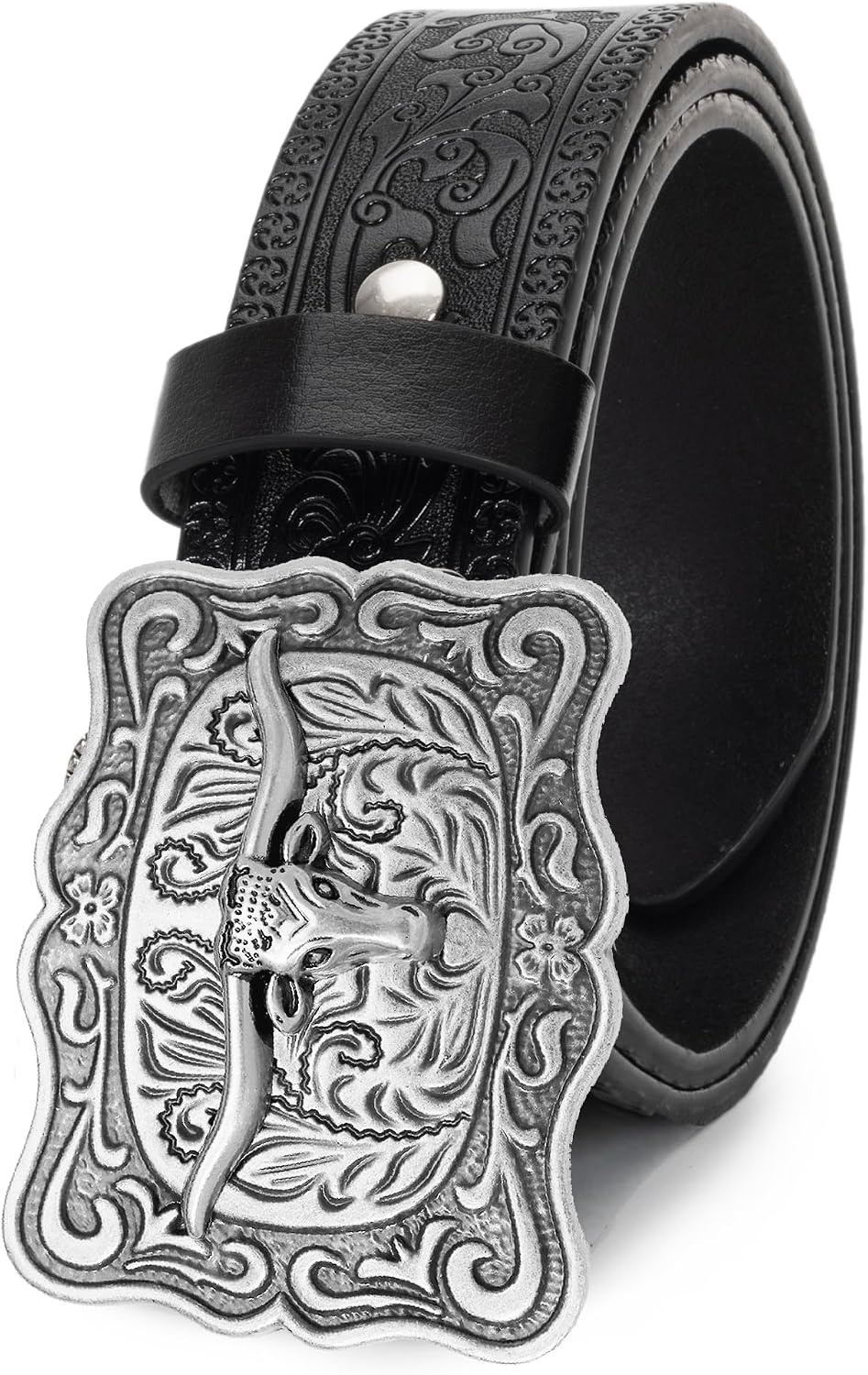 image:imageWomenWesternBelts Turquoise Oval Buckle CowboyLeatherBelt Dress Jeans western outfits belt faux leather floral embossed pattern adjustable fit belts for rodeos festivals country eventsBlack2