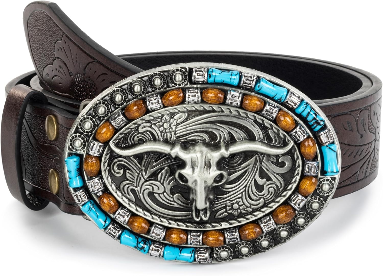 image:imageWomenWesternBelts Turquoise Oval Buckle CowboyLeatherBelt Dress Jeans western outfits belt faux leather floral embossed pattern adjustable fit belts for rodeos festivals country eventsCoffee