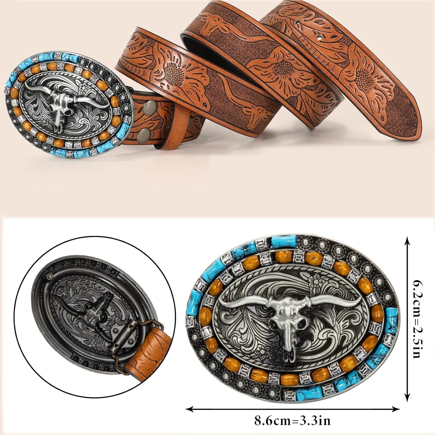 image:imageWomenWesternBelts Turquoise Oval Buckle CowboyLeatherBelt Dress Jeans western outfits belt faux leather floral embossed pattern adjustable fit belts for rodeos festivals country eventsBrown