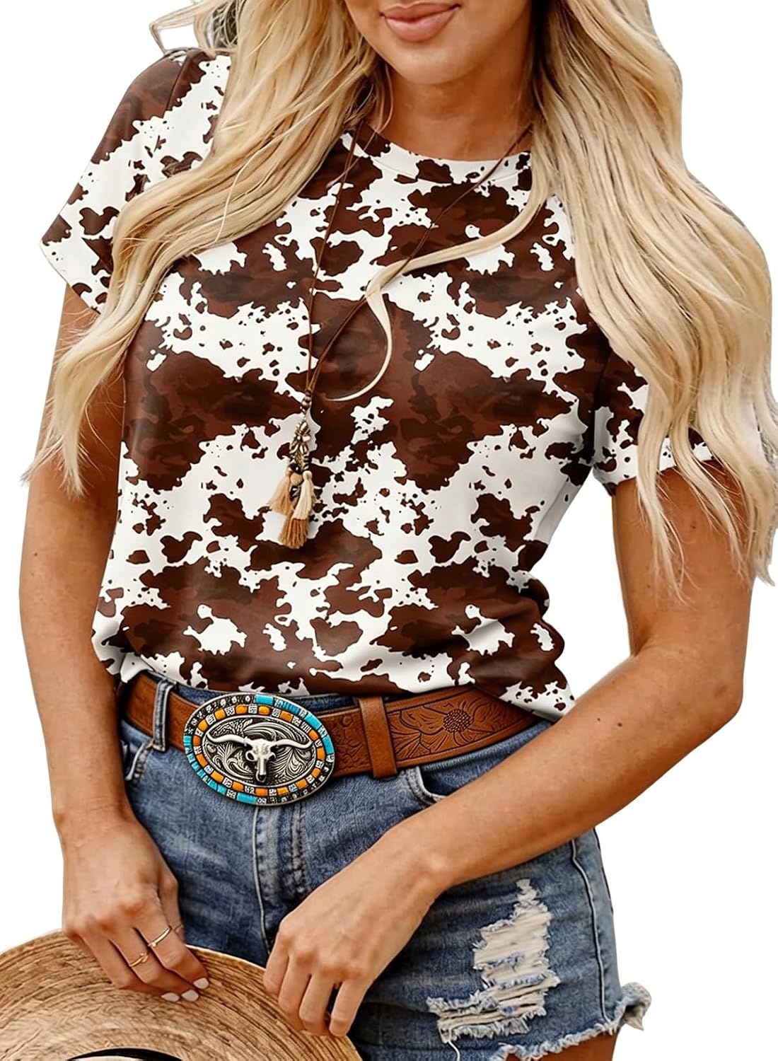 image:imageWomenWesternBelts Turquoise Oval Buckle CowboyLeatherBelt Dress Jeans western outfits belt faux leather floral embossed pattern adjustable fit belts for rodeos festivals country eventsBrown
