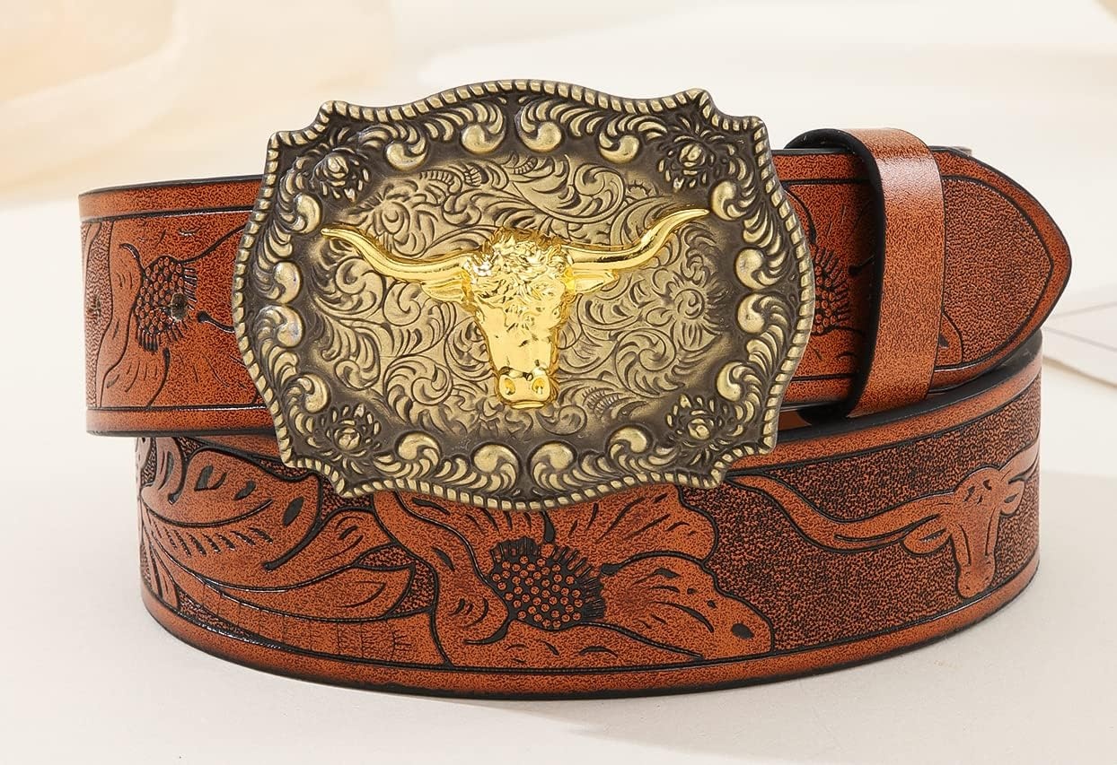 image:imageWomenWesternBelts Turquoise Oval Buckle CowboyLeatherBelt Dress Jeans western outfits belt faux leather floral embossed pattern adjustable fit belts for rodeos festivals country eventsBrown1
