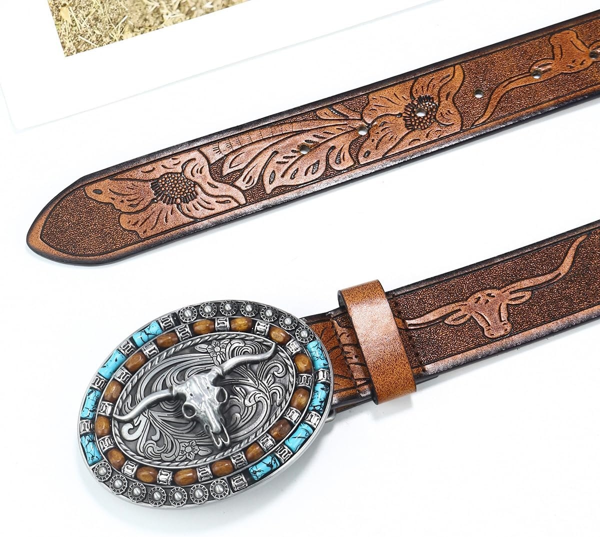 image:imageWomenWesternBelts Turquoise Oval Buckle CowboyLeatherBelt Dress Jeans western outfits belt faux leather floral embossed pattern adjustable fit belts for rodeos festivals country eventsBrown