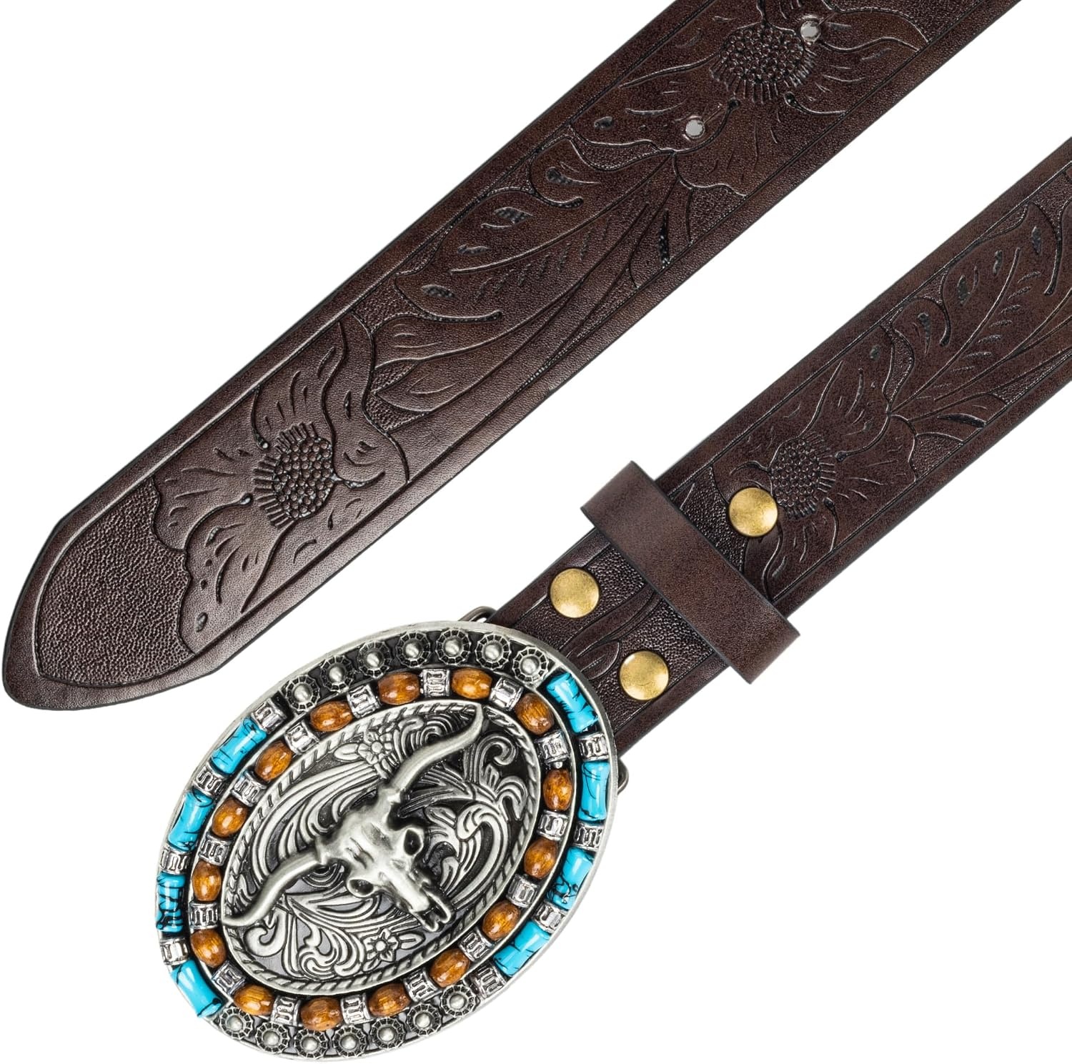 image:imageWomenWesternBelts Turquoise Oval Buckle CowboyLeatherBelt Dress Jeans western outfits belt faux leather floral embossed pattern adjustable fit belts for rodeos festivals country eventsCoffee