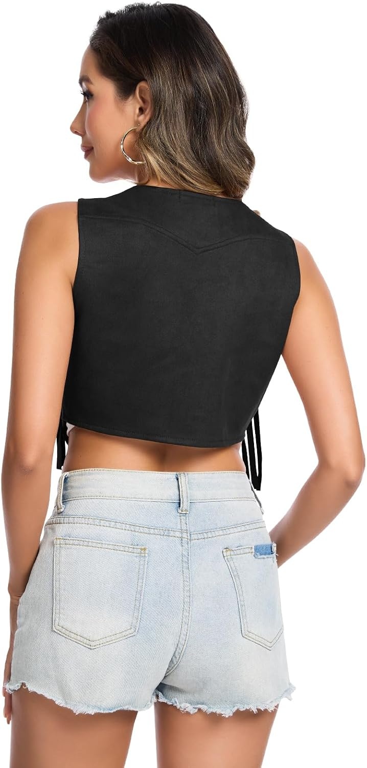 image:imageWomens 70s Hippie Vest Disco Outfits Fringe Vest 60s Faux Suede Sleeveless Tassel Cowgirl Jacket Party HalloweenBlack