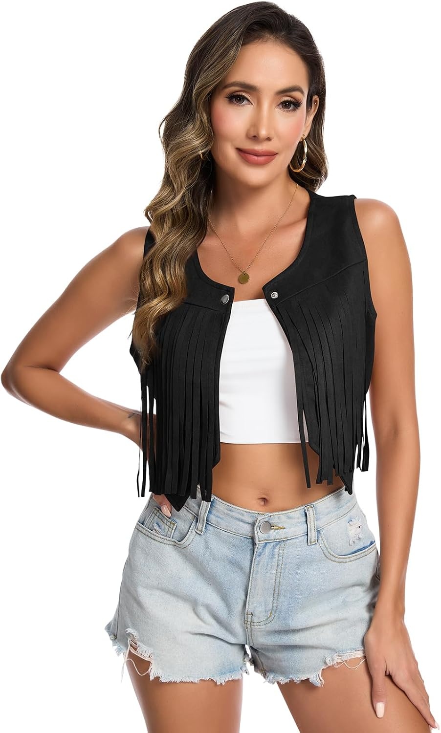image:imageWomens 70s Hippie Vest Disco Outfits Fringe Vest 60s Faux Suede Sleeveless Tassel Cowgirl Jacket Party HalloweenBlack