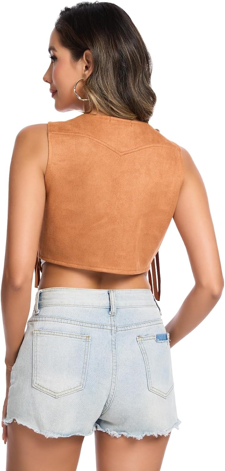 image:imageWomens 70s Hippie Vest Disco Outfits Fringe Vest 60s Faux Suede Sleeveless Tassel Cowgirl Jacket Party HalloweenBrown