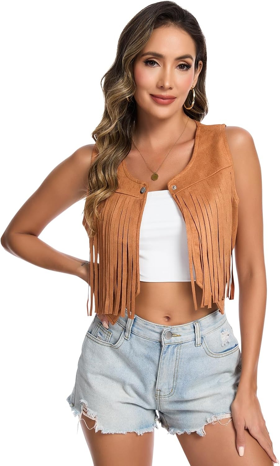 image:imageWomens 70s Hippie Vest Disco Outfits Fringe Vest 60s Faux Suede Sleeveless Tassel Cowgirl Jacket Party HalloweenBrown