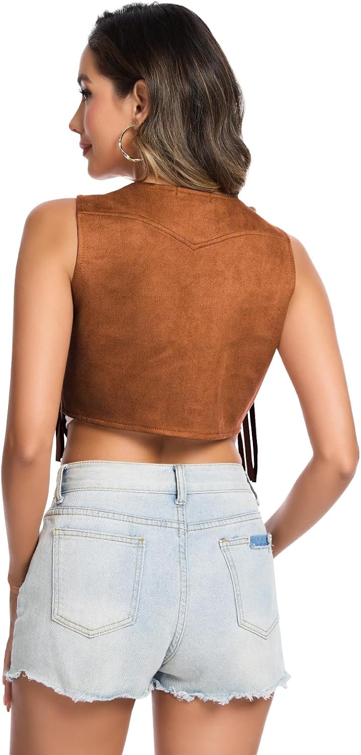 image:imageWomens 70s Hippie Vest Disco Outfits Fringe Vest 60s Faux Suede Sleeveless Tassel Cowgirl Jacket Party HalloweenDark Brown