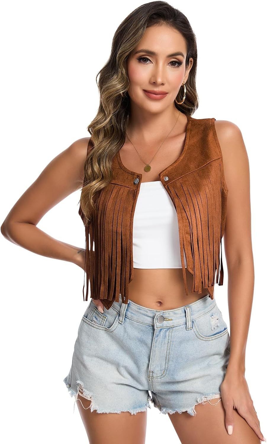 image:imageWomens 70s Hippie Vest Disco Outfits Fringe Vest 60s Faux Suede Sleeveless Tassel Cowgirl Jacket Party HalloweenDark Brown