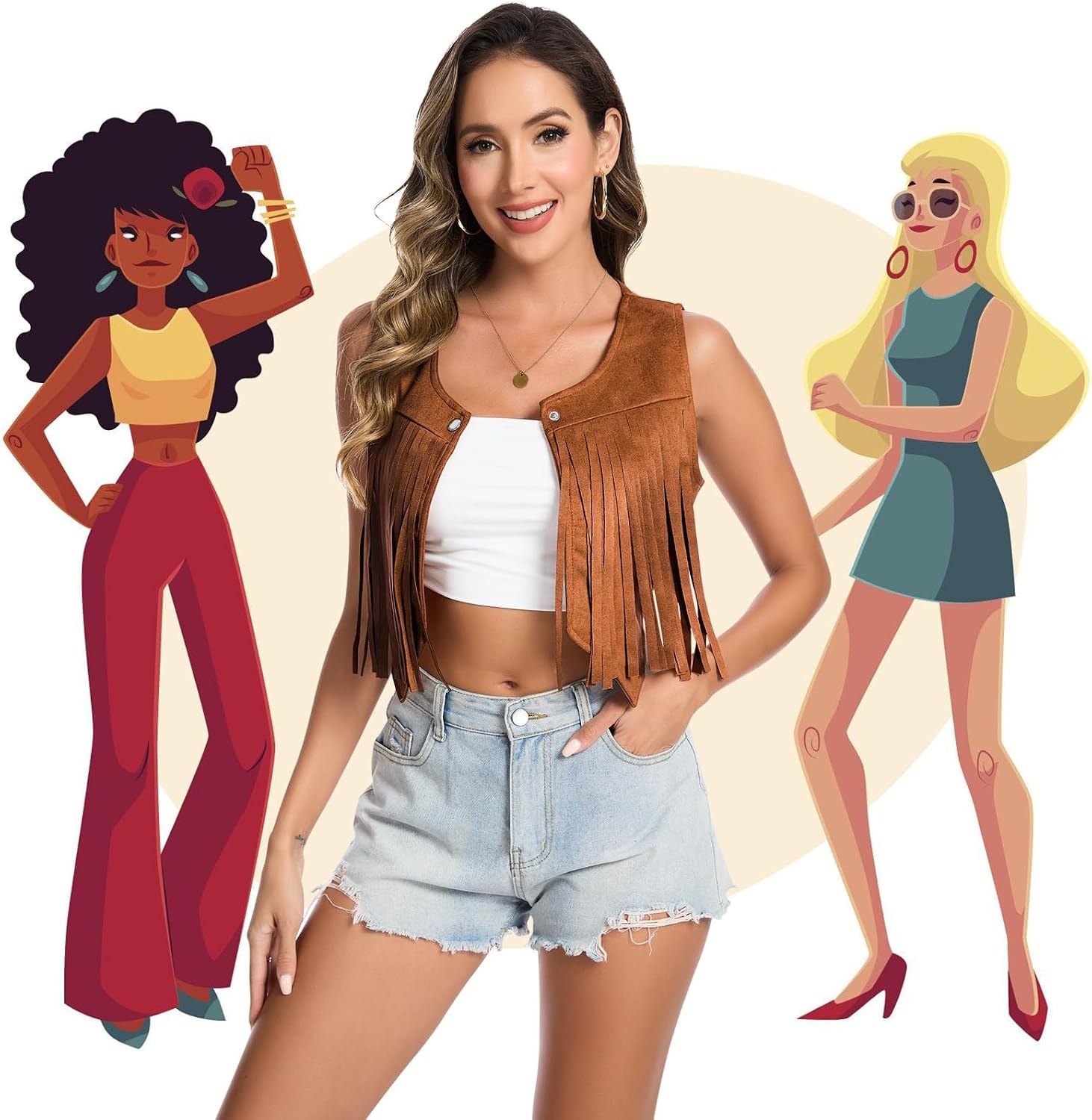 image:imageWomens 70s Hippie Vest Disco Outfits Fringe Vest 60s Faux Suede Sleeveless Tassel Cowgirl Jacket Party HalloweenDark Brown