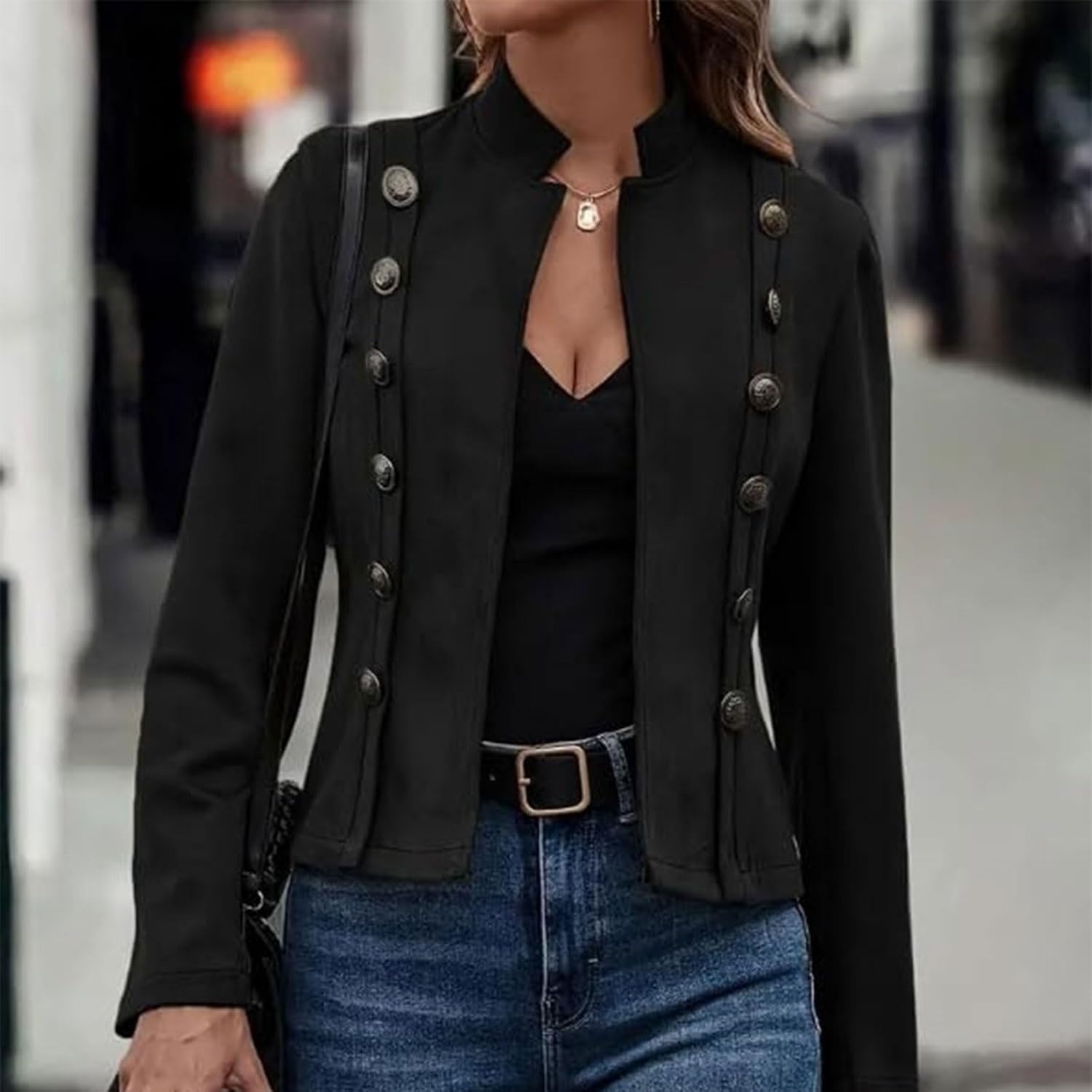 image:imageWomens Fall Faux Suede Jackets Double Breasted Stand Collar Business Tunic Cropped Blazer JacketBlack