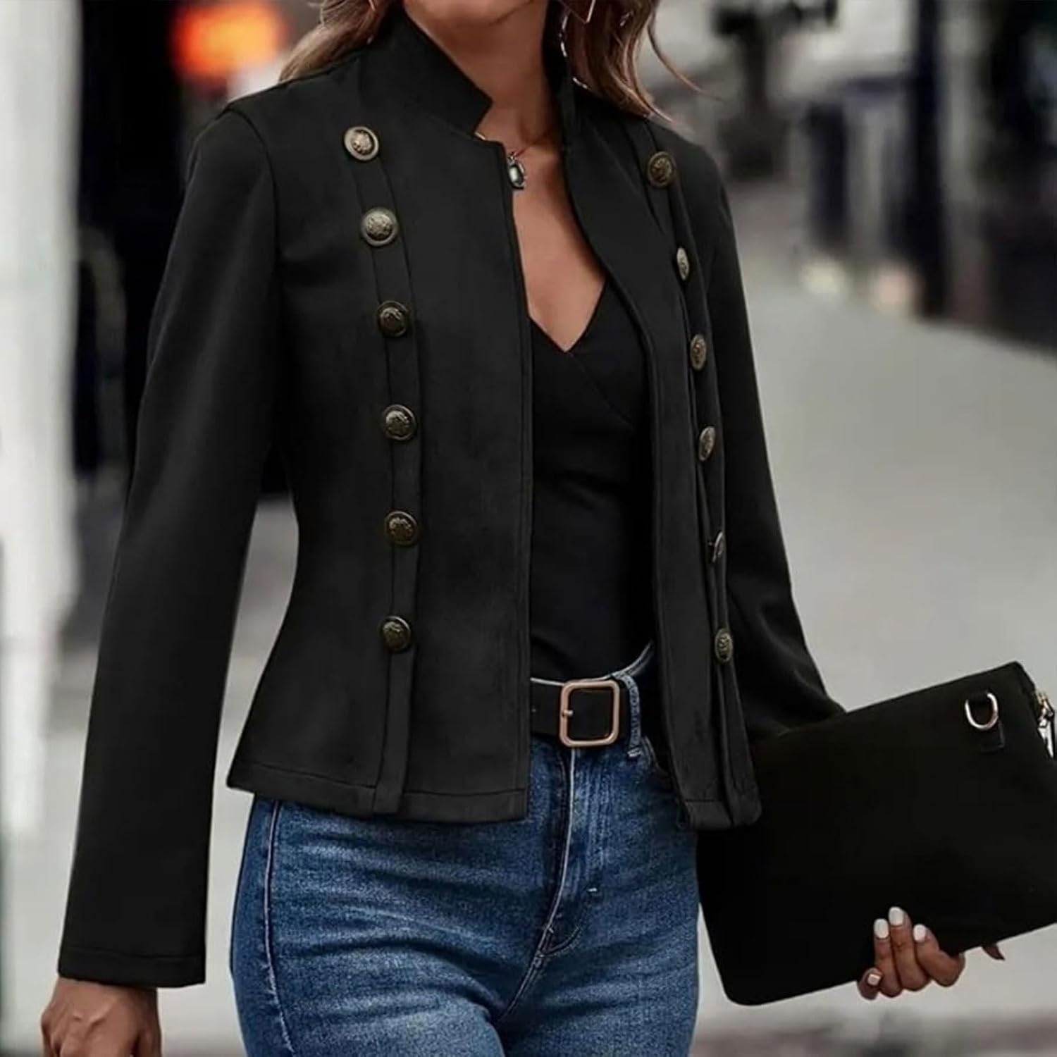 image:imageWomens Fall Faux Suede Jackets Double Breasted Stand Collar Business Tunic Cropped Blazer JacketBlack