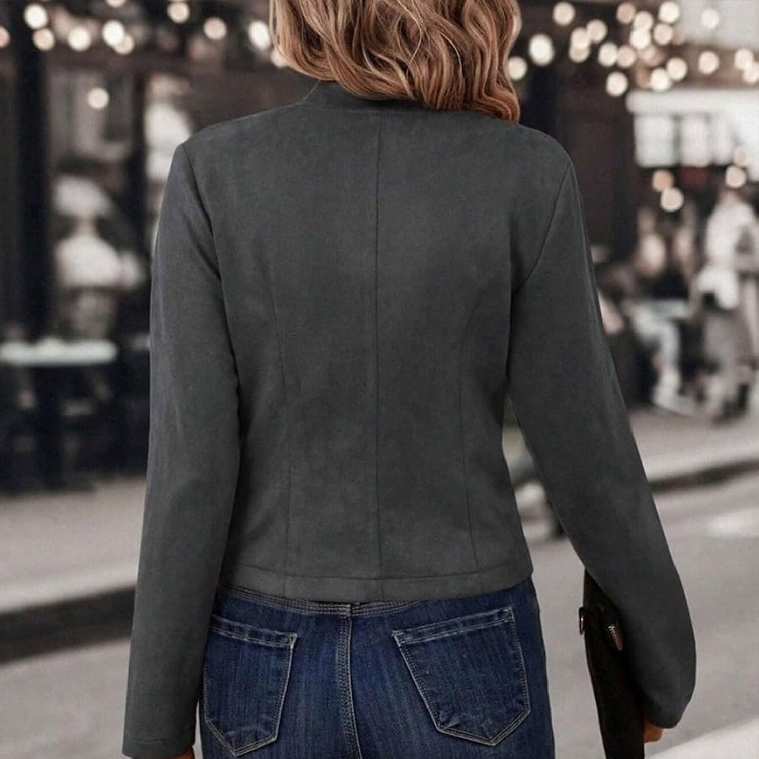 image:imageWomens Fall Faux Suede Jackets Double Breasted Stand Collar Business Tunic Cropped Blazer JacketDark Grey