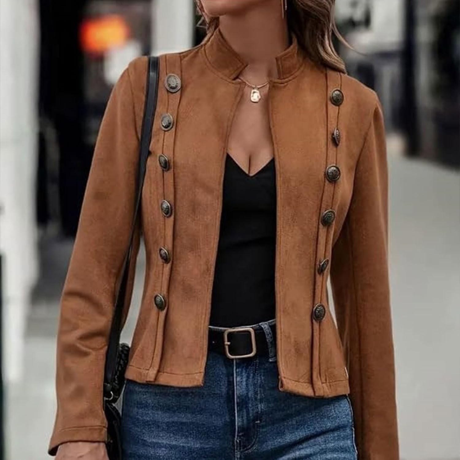 image:imageWomens Fall Faux Suede Jackets Double Breasted Stand Collar Business Tunic Cropped Blazer JacketLight Coffee