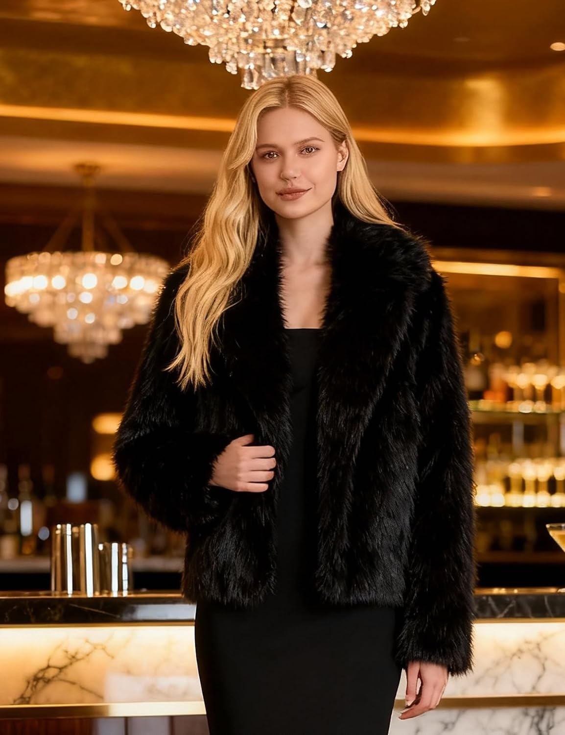 image:imageWomens Faux Fur Coat Lapel Winter Jacket Fluffy Shaggy Coats Faux FurSnap Buttonwith PocketsShort CoatWarmMachine WashableEco FriendlyCasualLuxuryWinter Coats for WomenBlack
