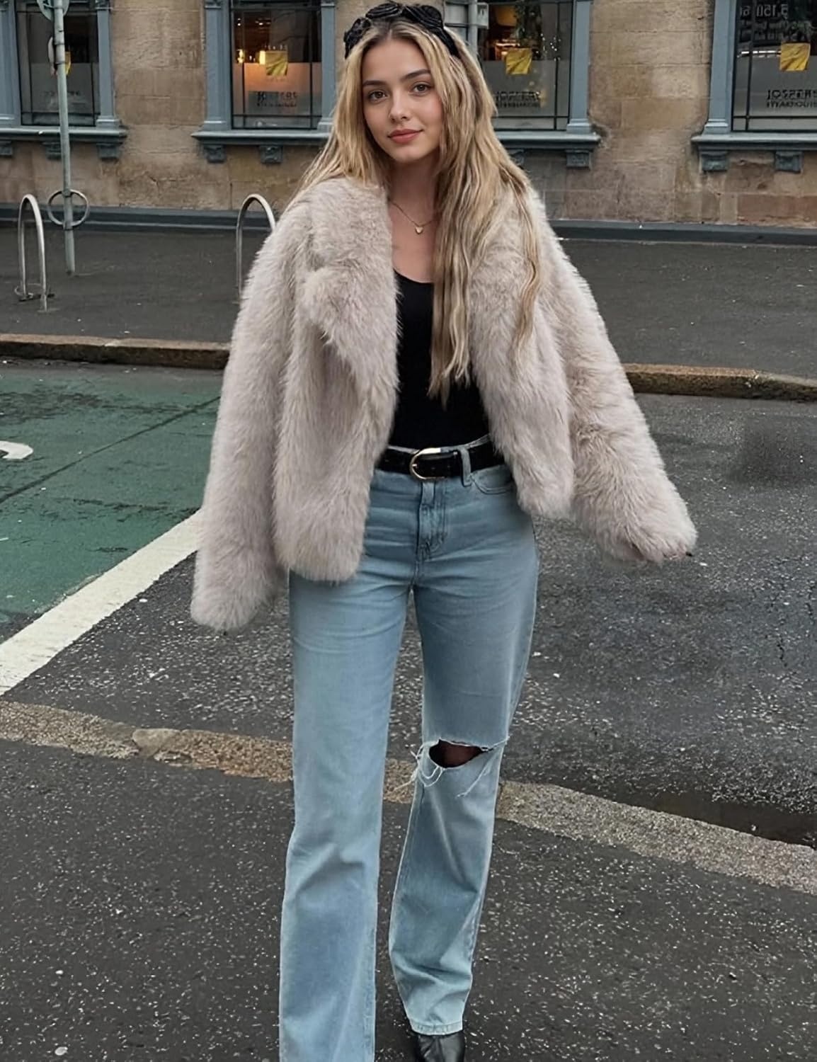 image:imageWomens Faux Fur Coat Lapel Winter Jacket Fluffy Shaggy Coats Faux FurSnap Buttonwith PocketsShort CoatWarmMachine WashableEco FriendlyCasualLuxuryWinter Coats for WomenApricot