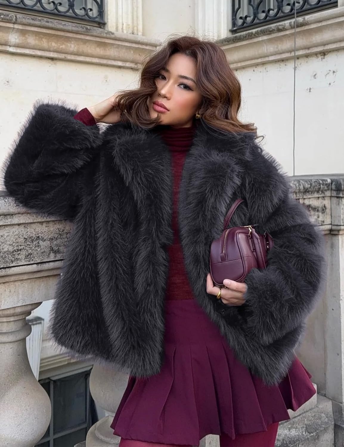 image:imageWomens Faux Fur Coat Lapel Winter Jacket Fluffy Shaggy Coats Faux FurSnap Buttonwith PocketsShort CoatWarmMachine WashableEco FriendlyCasualLuxuryWinter Coats for WomenFig