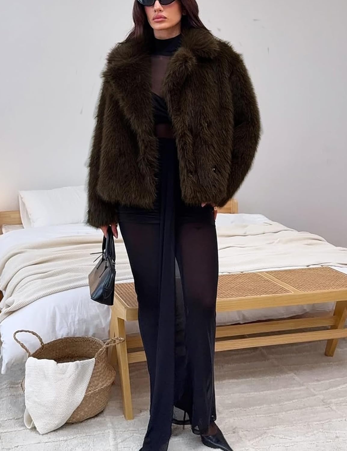 image:imageWomens Faux Fur Coat Lapel Winter Jacket Fluffy Shaggy Coats Faux FurSnap Buttonwith PocketsShort CoatWarmMachine WashableEco FriendlyCasualLuxuryWinter Coats for WomenCoffe