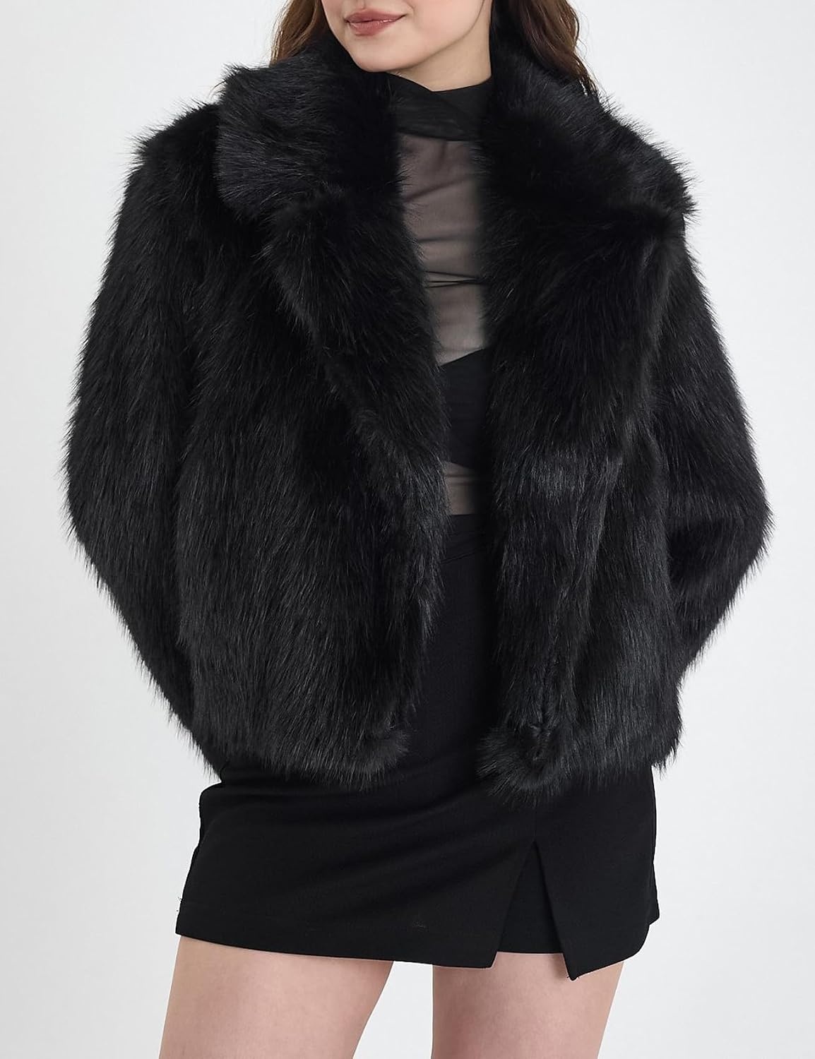 image:imageWomens Faux Fur Coat Lapel Winter Jacket Fluffy Shaggy Coats Faux FurSnap Buttonwith PocketsShort CoatWarmMachine WashableEco FriendlyCasualLuxuryWinter Coats for WomenBlack